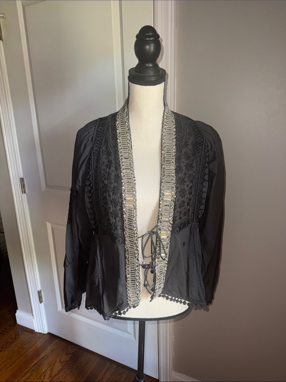 Free People Black Embroidered Open Front Jacket with Contrast Trim